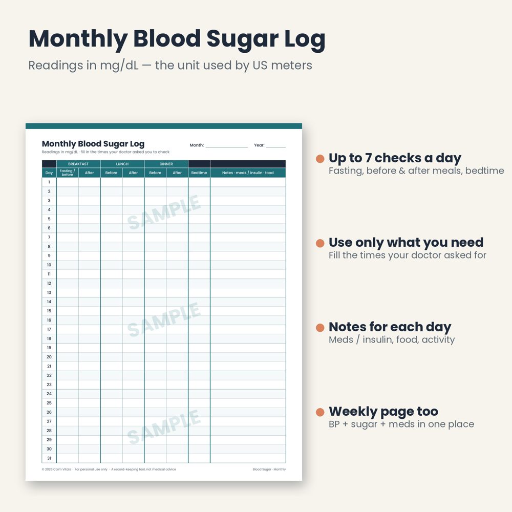 Monthly blood sugar log page